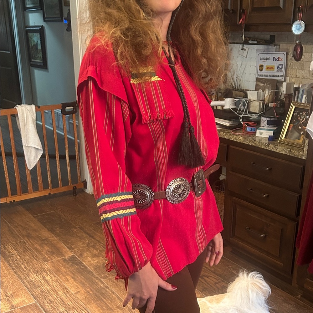 Vintage Tex Mex Red Embroidered Tunic with Fabric Belt Sz M
